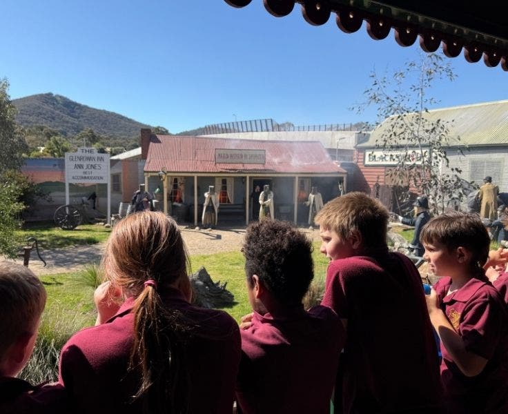 Students watchng the Ned Kelly show in Glenrowan